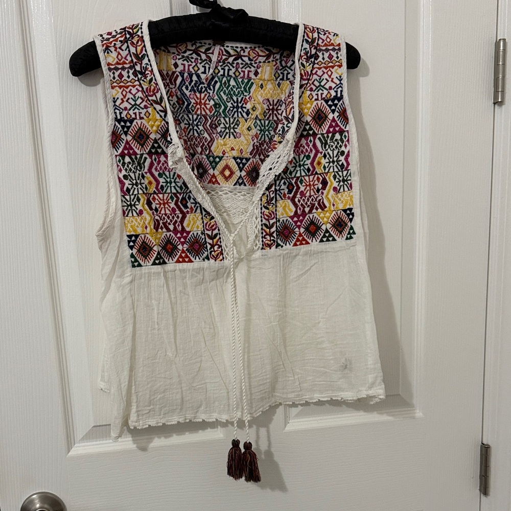 Free People Embroidered Tank Top - White and Multicolor